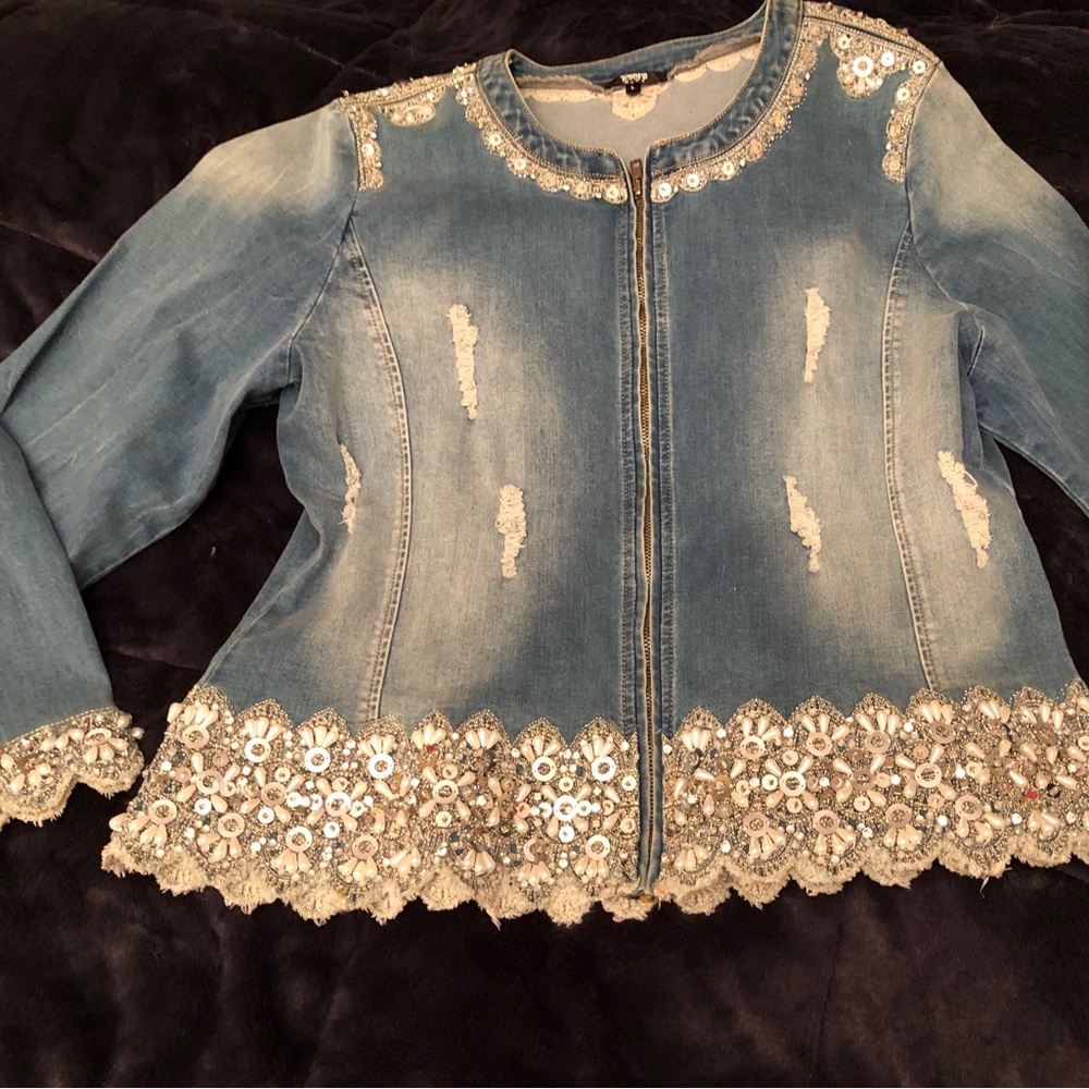 Tesoro Moda Jean Jacket with Lace, Beads and Bling, Like New